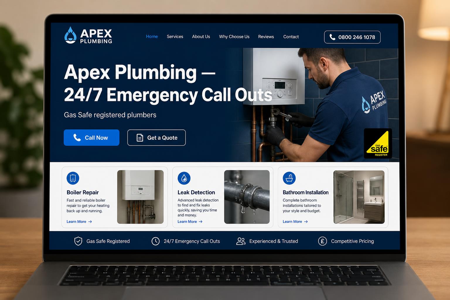 Concept plumbing website design shown on desktop and mobile with a click-to-call enquiry form
