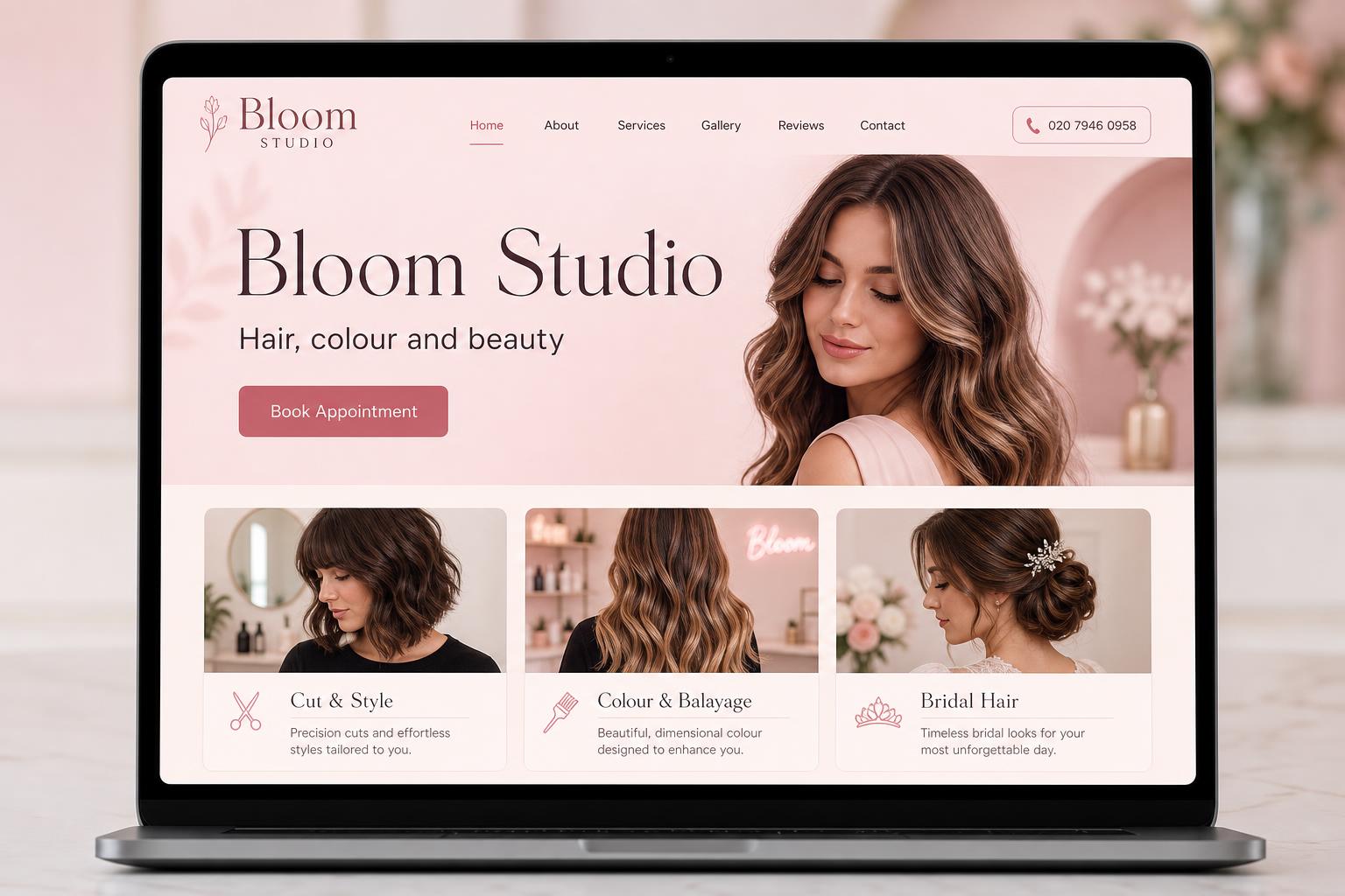Concept salon website design with online booking shown on a laptop screen