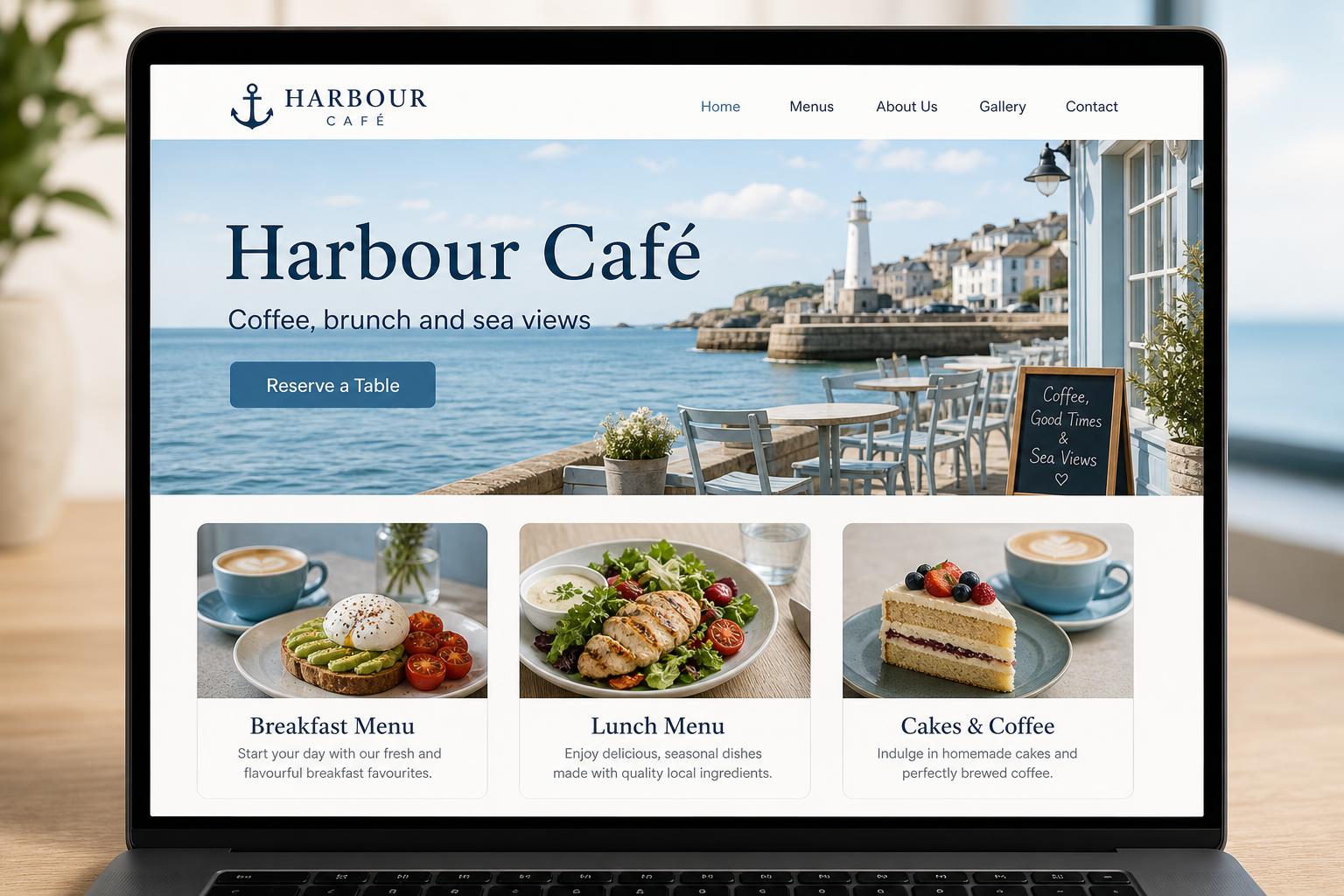 Concept café website design with menu and reservations shown on a tablet