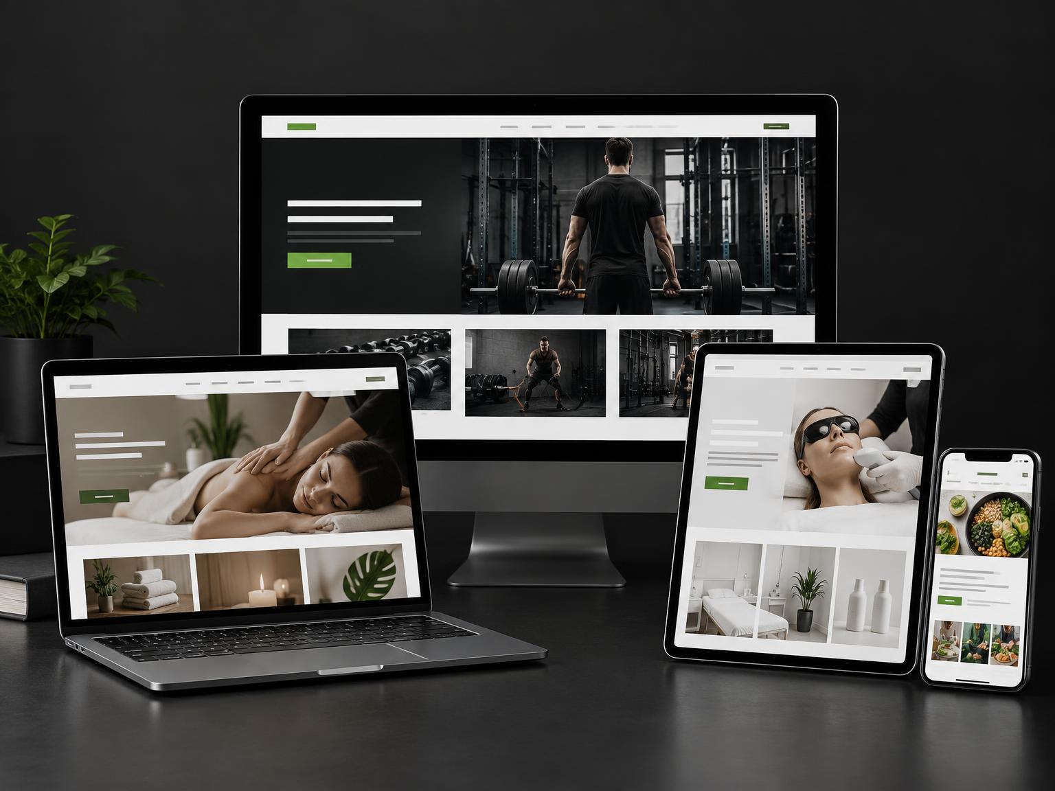 Health, beauty, fitness and wellness website designs displayed on desktop, laptop, tablet and mobile screens