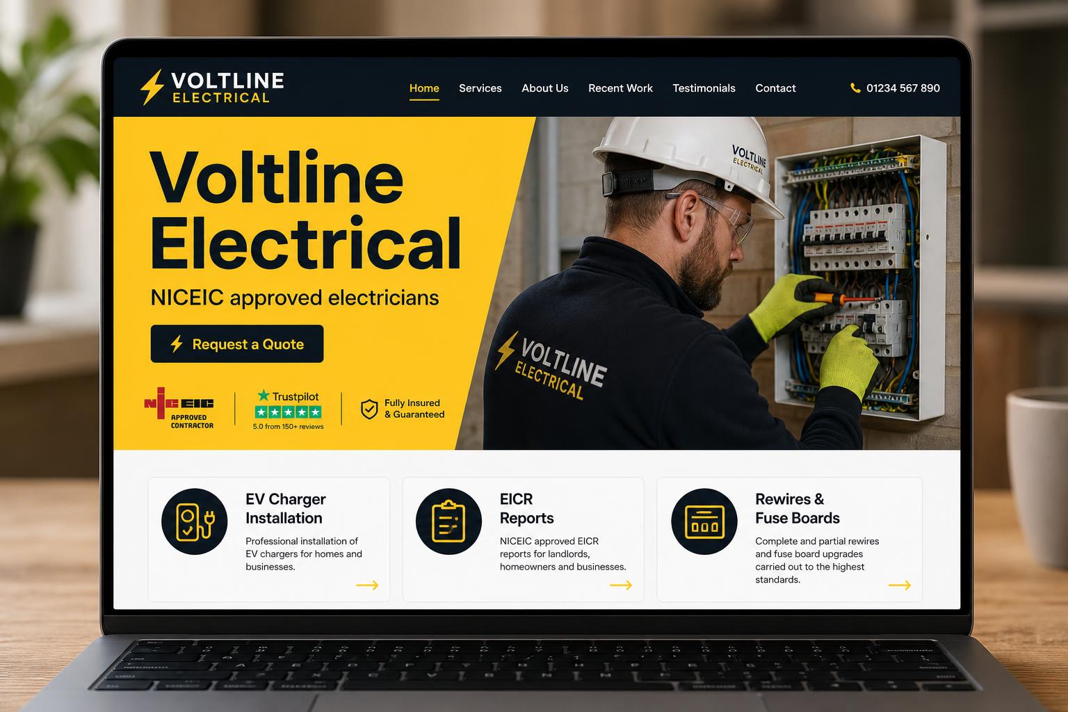 Concept electrician website design showing EV charger service pages on a desktop browser