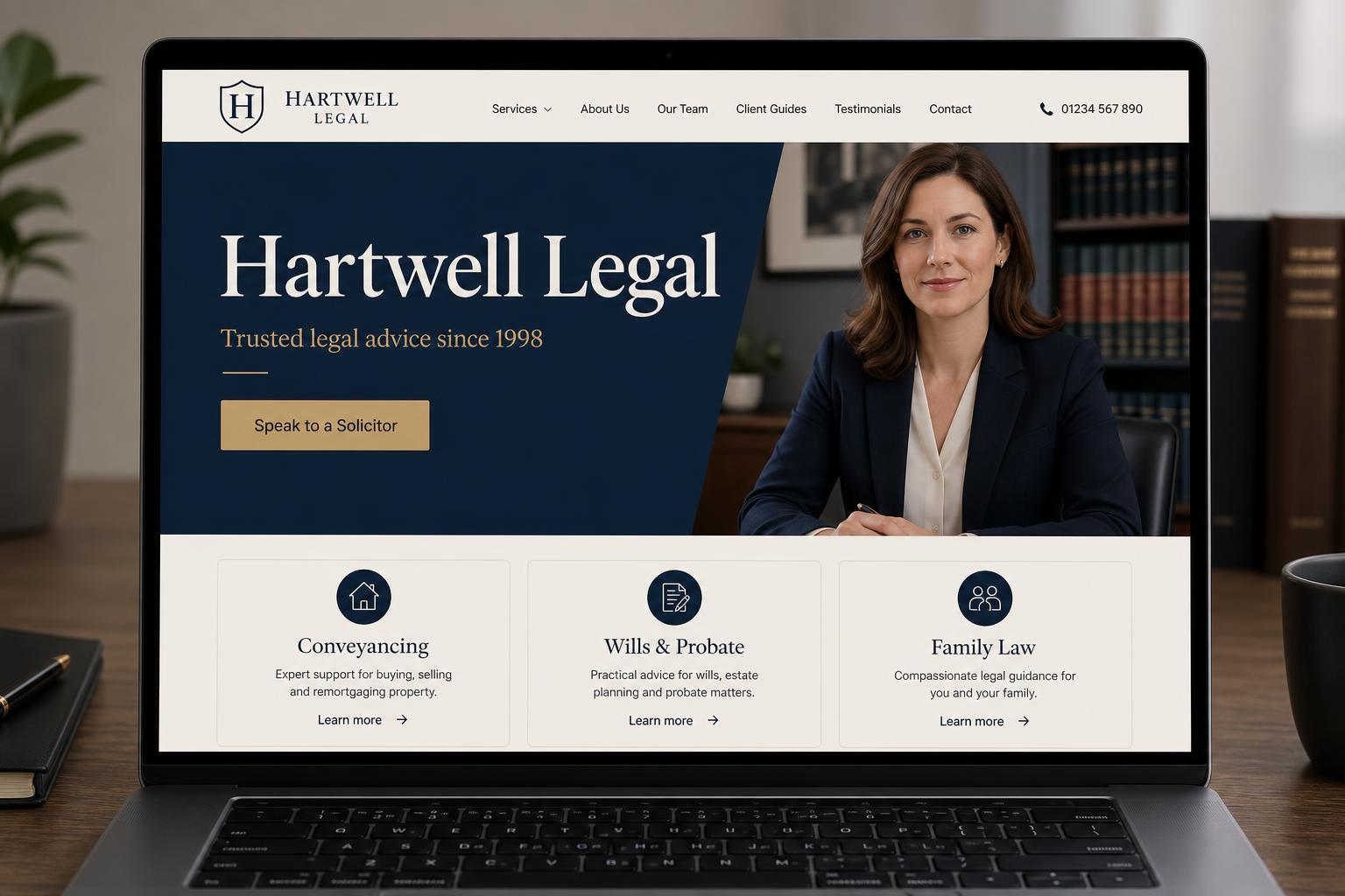 Concept solicitor website design with practice area pages shown on a desktop screen
