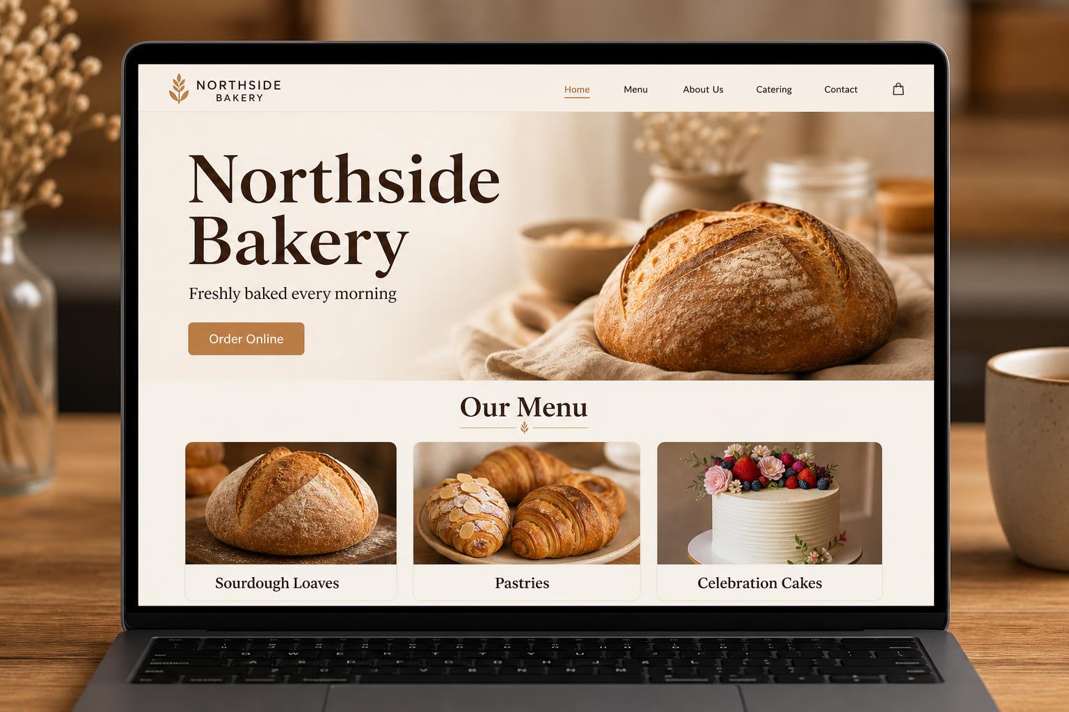 Concept bakery website design shown on a desktop browser with online ordering